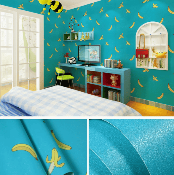 Self-Adhesive Wallpaper for Bedrooms and Dorms Waterproof and Moisture-Resistant Wall Covering Cartoon Banana Design