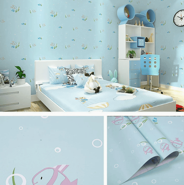 Self-Adhesive Wallpaper for Bedrooms and Dormitories Waterproof and Moisture-Resistant Wall Covering (Small Fish on Blue Background)