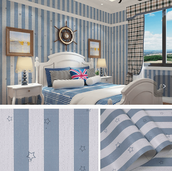 Self-Adhesive Wallpaper for Bedrooms and Dorms Waterproof and Moisture-Resistant Wall Covering (Blue Stripes with Stars)