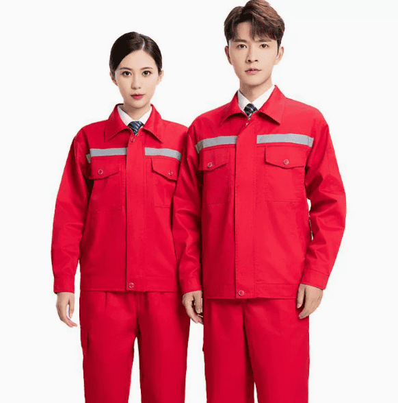 Men Long-Sleeve Workwear Set Durable Stain-Resistant Reflective-Striped Polyester Uniform for Spring and Autumn Red
