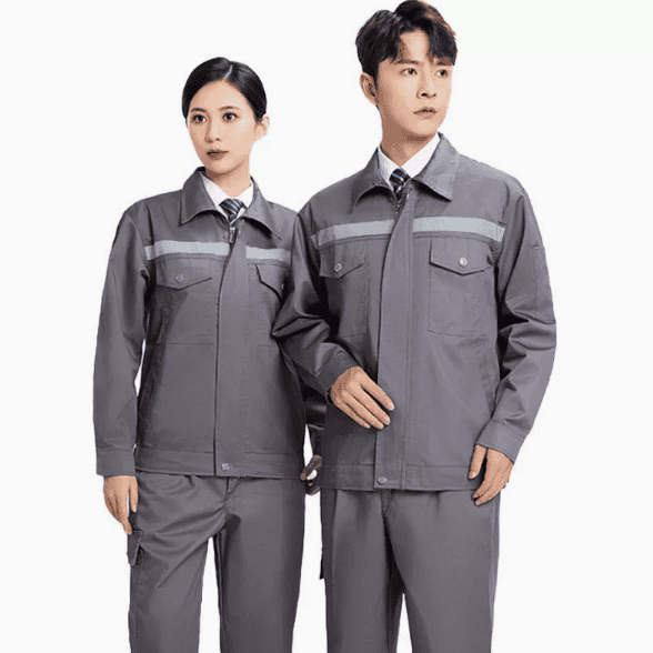 Men Long-Sleeve Workwear Set Durable Stain-Resistant Reflective-Striped Polyester Work Uniform (Spring/Autumn) Gray