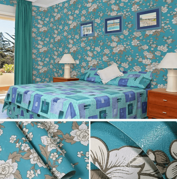Self-Adhesive Wallpaper for Bedroom or Dorm Room Renovation Waterproof and Moisture-Resistant (Peonies on a Blue Background)